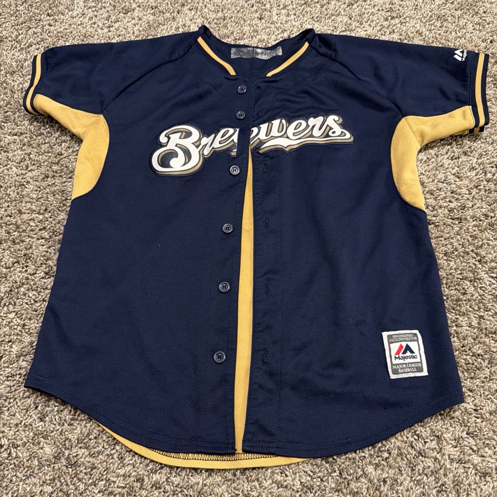 Kids Brewers Navy and Gold Baseball Jersey